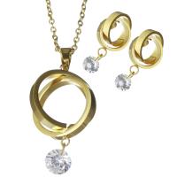 Rhinestone stainless steel Jewelry Set, earring & necklace, with Rhinestone, gold color plated, oval chain & for woman 37mm,2mm 25.5mm Approx 17.5 Inch 