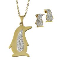 Rhinestone stainless steel Jewelry Set, Stud Earring & necklace, with Rhinestone Clay Pave, Penguin, gold color plated, oval chain & for woman 2mm Approx 19.5 Inch 