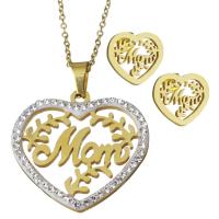 Rhinestone stainless steel Jewelry Set, Stud Earring & necklace, with Rhinestone Clay Pave, Heart, word mom, gold color plated, oval chain & for woman 1.5mm Approx 19.5 Inch 