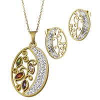 Rhinestone stainless steel Jewelry Set, Stud Earring & necklace, with Rhinestone Clay Pave & Rhinestone, with 2inch extender chain, gold color plated, oval chain & for woman 1.5mm Approx 17.5 Inch 