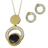 Rhinestone stainless steel Jewelry Set, Stud Earring & necklace, with Rhinestone Clay Pave & Resin, gold color plated, oval chain & for woman 41.5mm,1.5mm Approx 17.5 Inch 