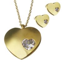 Rhinestone stainless steel Jewelry Set, Stud Earring & necklace, Heart, gold color plated, oval chain & for woman & with rhinestone 2mm Approx 17.5 Inch 