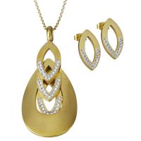 Rhinestone stainless steel Jewelry Set, Stud Earring & necklace, with Rhinestone Clay Pave, gold color plated, oval chain & for woman 1.5mm Approx 18 Inch 