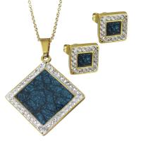 Rhinestone stainless steel Jewelry Set, with Epoxy Sticker & Rhinestone Clay Pave,  Square, gold color plated, oval chain & for woman 1.5mm Approx 17.5 Inch 