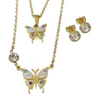 Rhinestone stainless steel Jewelry Set, Stud Earring & necklace, with Rhinestone Clay Pave, Butterfly, gold color plated, oval chain & for woman & with rhinestone  2mm Approx 17 Inch 