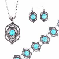 Turquoise Zinc Alloy Jewelry Sets, bracelet & earring & necklace, with turquoise, brass earring hook, plated, three pieces & for woman 