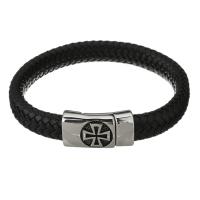 Stainless Steel Bracelet, with Leather, with cross pattern & for man, original color 12mm Approx 9 Inch 