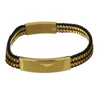 Stainless Steel Bracelet, with Leather, gold color plated, for man 11mm Approx 8.5 Inch 