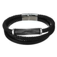 Stainless Steel Bracelet, with Leather, for man & multi-strand, original color 6mm Approx 8.5 Inch 