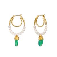 Zinc Alloy Drop Earring, with Natural Stone & ABS Plastic Pearl, gold color plated, for woman, green 