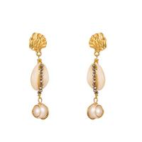 Zinc Alloy Drop Earring, with Shell Pearl & Shell & Crystal, gold color plated, handmade & for woman 