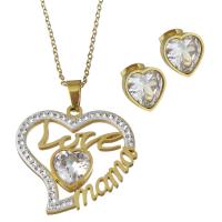Rhinestone stainless steel Jewelry Set, Stud Earring & necklace, with Rhinestone Clay Pave & Rhinestone, Heart, gold color plated, oval chain 1.5mm Approx 17.5 Inch 