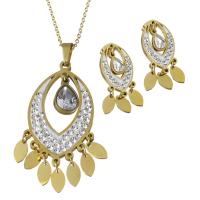 Rhinestone stainless steel Jewelry Set, Stud Earring & necklace, with Rhinestone Clay Pave & Rhinestone, with 2inch extender chain, gold color plated, oval chain & for woman 50mm,1.5mm 31mm Approx 18 Inch 