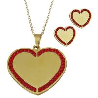 Rhinestone stainless steel Jewelry Set, Stud Earring & necklace, with Rhinestone Clay Pave, Heart, gold color plated, oval chain & for woman 1.5mm Approx 17.5 Inch 