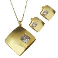 Rhinestone stainless steel Jewelry Set, Stud Earring & necklace, with Rhinestone,  Square, gold color plated, oval chain & for woman 1.5mm Approx 17.5 Inch 