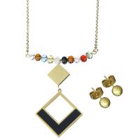Fashion Stainless Steel Jewelry Sets, Stud Earring & necklace, with Glass Beads & Acrylic, gold color plated, oval chain & for woman 2mm Approx 18 Inch 
