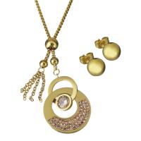 Rhinestone stainless steel Jewelry Set, Stud Earring & necklace, with Rhinestone Clay Pave & Rhinestone, gold color plated, box chain & for woman 34mm,2mm,8mm Approx 29 Inch 