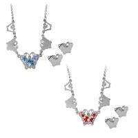 Rhinestone stainless steel Jewelry Set, Stud Earring & necklace, with Rhinestone Clay Pave, Butterfly, oval chain & for woman 2mm Approx 20 Inch 