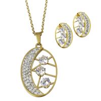 Rhinestone stainless steel Jewelry Set, Stud Earring & necklace, with Rhinestone Clay Pave, gold color plated, oval chain & for woman & with rhinestone 2mm Approx 19.5 Inch 