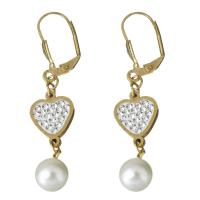 Stainless Steel Lever Back Earring, with Rhinestone Clay Pave & Plastic Pearl, gold color plated, for woman 52mm 