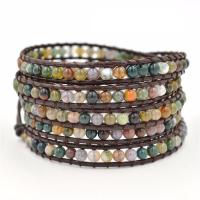 Wrap Bracelets, Indian Agate, with PU Leather, Round, Unisex & , 4mm Inch 