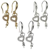 Brass Earring Drop Component, Heart, high quality plated & micro pave cubic zirconia 32mm 0.5mm,1mm 