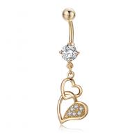 Brass Piercing Barbell, with 316L Stainless Steel, Heart, plated, micro pave cubic zirconia & for woman 