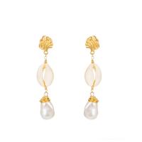 Zinc Alloy Drop Earring, with ABS Plastic Pearl & White Shell, gold color plated, for woman 