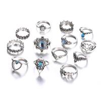 Zinc Set anillo de aleación, aleación de zinc, anillo de dedo, chapado en plata real, 13 piezas & para mujer & con diamantes de imitación, 13PCs/Set, Vendido por Set