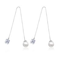 Brass Thread Through Earrings, with Cubic Zirconia & Plastic Pearl, platinum plated, for woman, 135*5.5mm 
