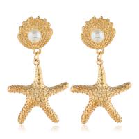 Plastic Pearl Zinc Alloy Earring, with Plastic Pearl, stainless steel post pin, Starfish, plated, for woman 35*62mm 