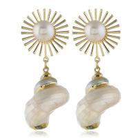 Zinc Alloy Drop Earring, with Shell Pearl & Shell, stainless steel post pin, gold color plated, for woman, 62*20mm 