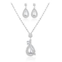 Rhinestone Zinc Alloy Jewelry Set, earring & necklace, with Plastic Pearl, with 13cm extender chain, for woman & with rhinestone, white, 13mm*28mm,19mm*43mm Approx 13.3 Inch 