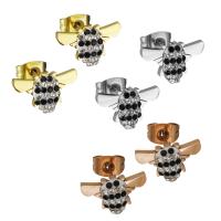 Stainless Steel Rhinestone Stud Earring, with Rhinestone Clay Pave, Bee, plated, for woman 