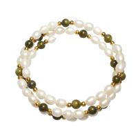 Freshwater Pearl Wrap Bracelet, with Green Aventurine & Brass, brass spring ring clasp, Potato, gold color plated, for woman, white Approx 7.5 Inch 