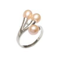 Cultured Freshwater Pearl Finger Ring, with Brass, silver color plated, for woman, pink US Ring 