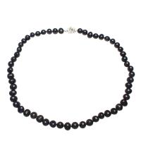 Natural Freshwater Pearl Necklace, brass box clasp, Potato, silver color plated, for woman, black, 8-9mm Approx 16.9 Inch 