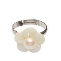 Cultured Freshwater Pearl Finger Ring, with White Shell & Brass, Flower, silver color plated, adjustable & for woman, white US Ring 
