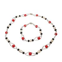 Crystal Freshwater Pearl Jewelry Sets, bracelet & necklace, with Red Agate & Crystal & Glass Seed Beads, brass magnetic clasp, silver color plated, 2 pieces & for woman Approx 7.3 Inch, Approx 16.9 Inch 