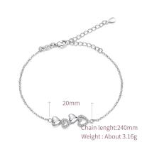 Cubic Zirconia Micro Pave Brass Bracelet, Heart, platinum plated, oval chain & micro pave cubic zirconia & for woman, 20mm Approx 9.4 Inch 