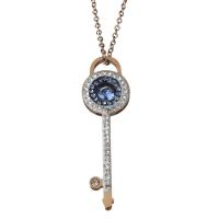 Stainless Steel Jewelry Necklace, with Rhinestone Clay Pave & Rhinestone, with 2inch extender chain, Key, rose gold color plated, oval chain & for woman & with rhinestone 1.5mm Approx 16 Inch 