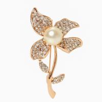 Zinc Alloy Jewelry Brooch, with Plastic Pearl, Flower, gold color plated, micro pave cubic zirconia & for woman, 61*34mm 