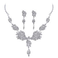 Rhinestone Zinc Alloy Jewelry Set, earring & necklace, with Rhinestone, platinum color plated, for woman & with rhinestone, silver color 
