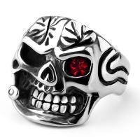 Titanium Steel Finger Ring, with Rhinestone, Skull, fashion jewelry & for man, silver color, 23.5mm 