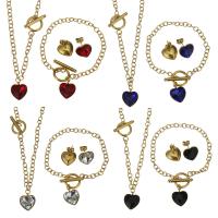 Fashion Stainless Steel Jewelry Sets, Stud Earring & bracelet & necklace, with Glass, Heart, gold color plated, oval chain & for woman 4mm 4mm Approx 18 Inch, Approx 6 Inch 