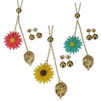 Fashion Stainless Steel Jewelry Sets, Stud Earring & necklace, with Resin, Sunflower, gold color plated, oval chain & for woman 2mm,8mm Approx 17 Inch 