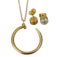 Fashion Stainless Steel Jewelry Sets, Stud Earring & necklace, with Glass, gold color plated, oval chain & for woman 1.5mm,7mm Approx 17 Inch 