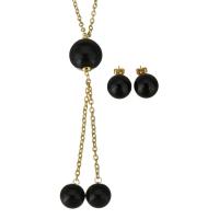 Fashion Stainless Steel Jewelry Sets, Stud Earring & necklace, with Resin, gold color plated, oval chain & for woman, 112mm 3mm,14mm Approx 27 Inch 