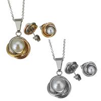Fashion Stainless Steel Jewelry Sets, Stud Earring & necklace, with Freshwater Pearl, with 2inch extender chain, plated, oval chain & for woman 1.5mm,1mm Approx 17 Inch 