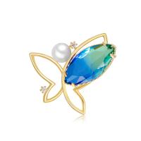Plastic Pearl Brooch, Brass, with Tourmaline & Plastic Pearl, Butterfly, gold color plated, for woman 42*16mm 